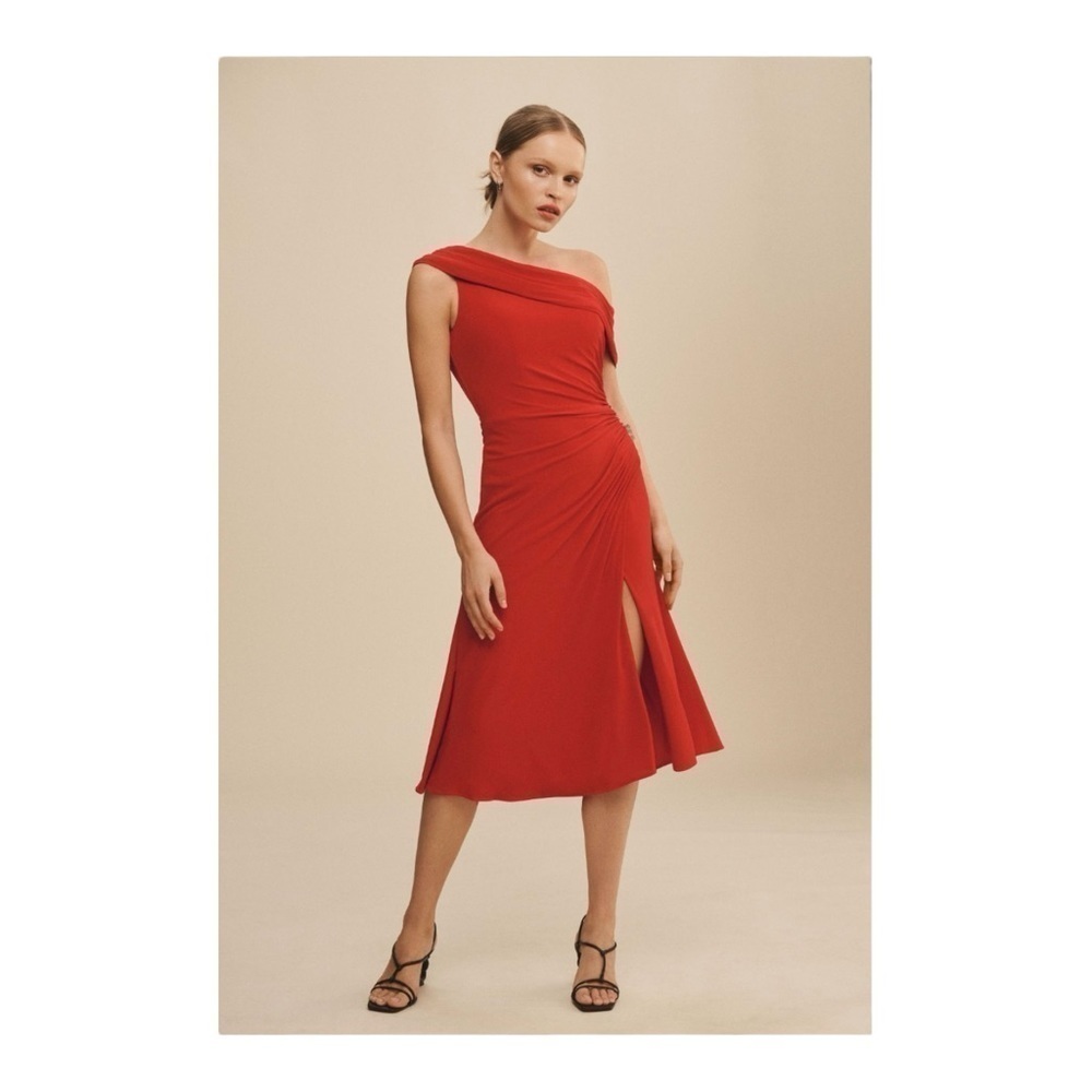 leena for Mac Duggal Ruched Off-The-Shoulder Midi Dress NWT